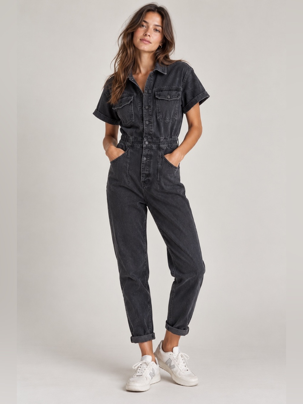 We The Free Free People Marci Coverall Denim Jumpsuit Light Wash Black Medium